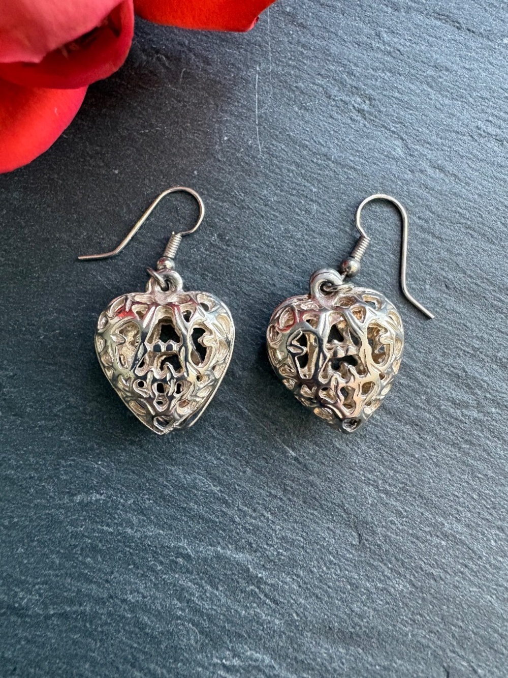 Vintage Silver Puffy Heart Earrings Filigree Cage Dangles